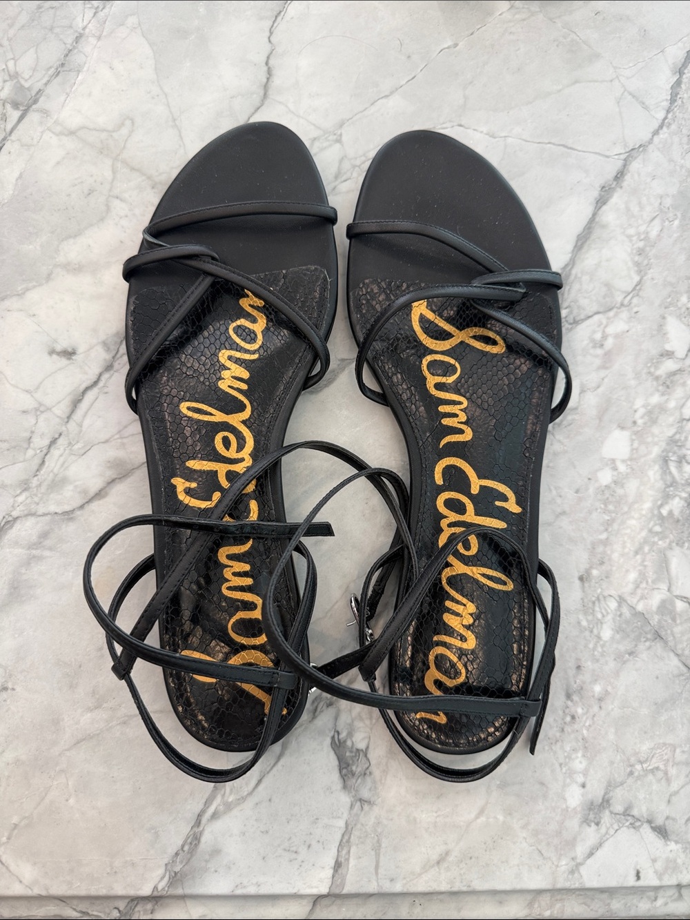 Sam Edelman Black Lace-Up Strappy Flat Sandals with Gold Logo - Picture 1 of 2